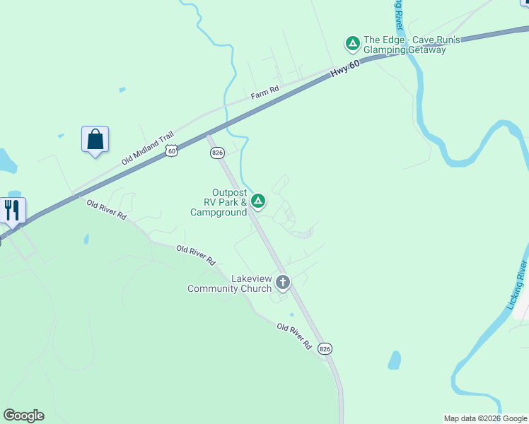 map of restaurants, bars, coffee shops, grocery stores, and more near 318 Cave Run Lake Road in Salt Lick