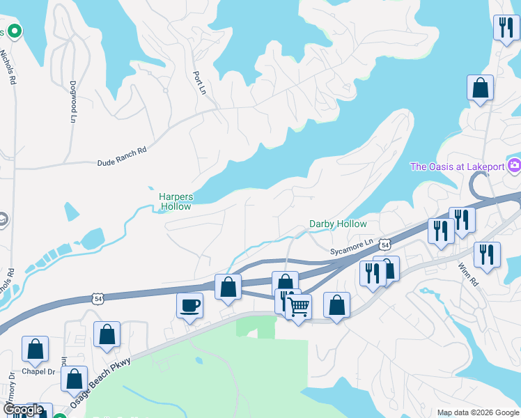 map of restaurants, bars, coffee shops, grocery stores, and more near Bayview Ct in Osage Beach