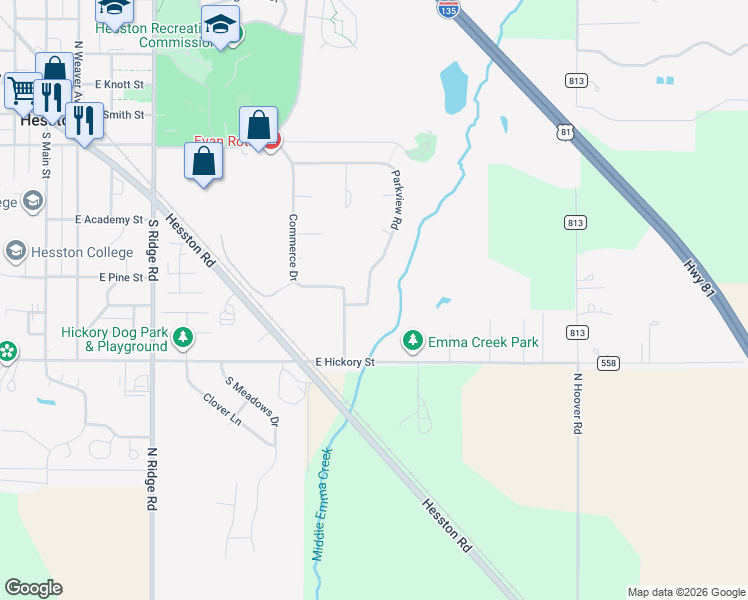 map of restaurants, bars, coffee shops, grocery stores, and more near 1-9 Parkview Road in Hesston