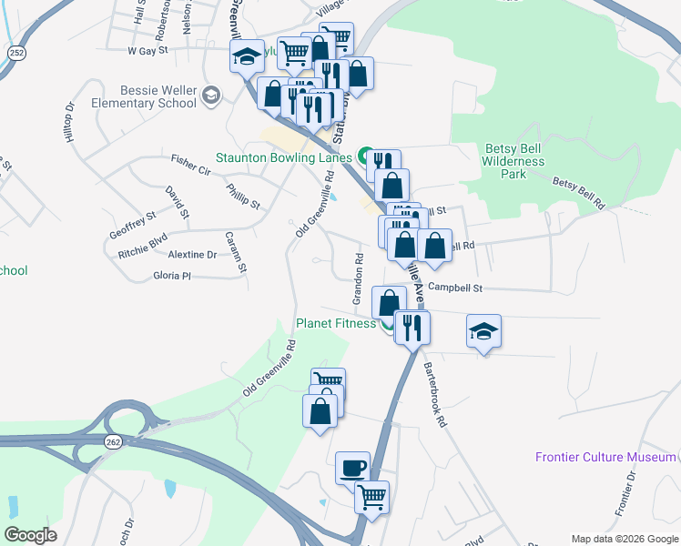 map of restaurants, bars, coffee shops, grocery stores, and more near 809 Rutherford Street in Staunton