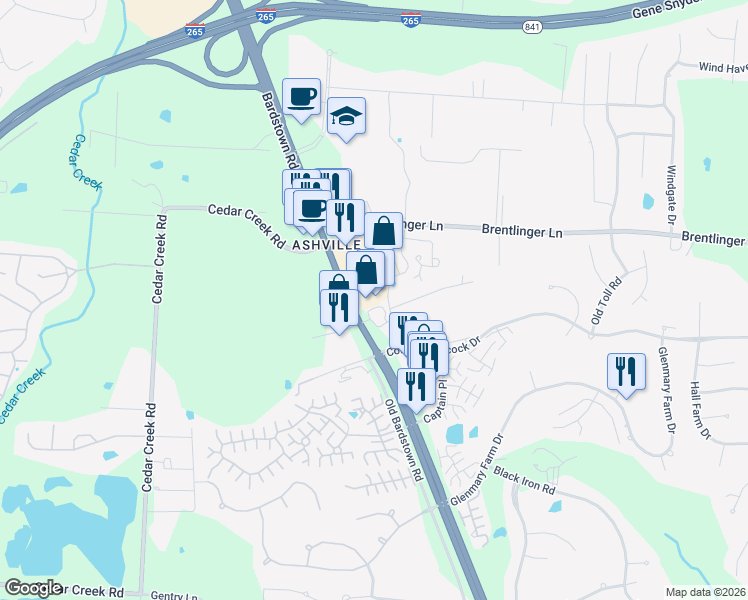 map of restaurants, bars, coffee shops, grocery stores, and more near 7931 Bardstown Road in Louisville
