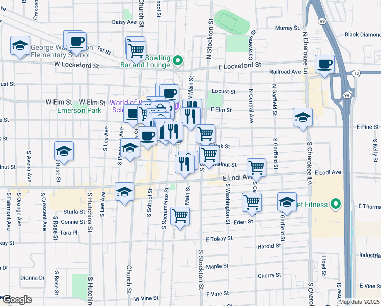 map of restaurants, bars, coffee shops, grocery stores, and more near 30 South Main Street in Lodi