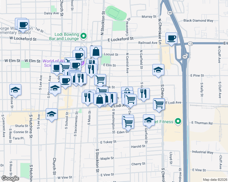 map of restaurants, bars, coffee shops, grocery stores, and more near 309 East Oak Street in Lodi