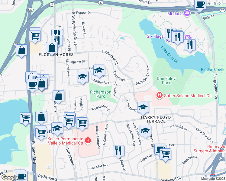map of restaurants, bars, coffee shops, grocery stores, and more near 205 Amber Avenue in Vallejo
