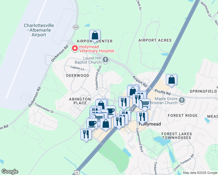 map of restaurants, bars, coffee shops, grocery stores, and more near 3590 Grand Forks Boulevard in Charlottesville