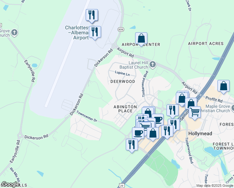 map of restaurants, bars, coffee shops, grocery stores, and more near 386 Bayberry Way in Charlottesville