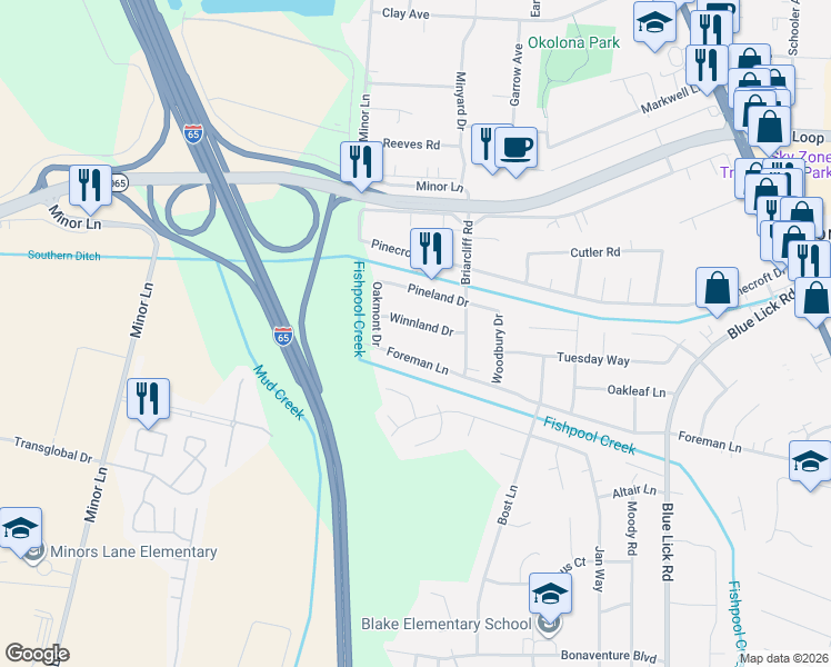 map of restaurants, bars, coffee shops, grocery stores, and more near 3409 Winnland Drive in Louisville