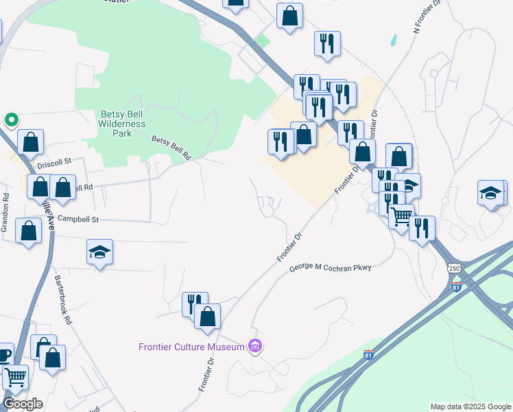 map of restaurants, bars, coffee shops, grocery stores, and more near 20 Frontier Ridge Court in Staunton