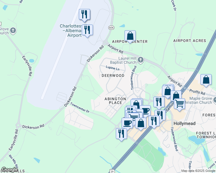 map of restaurants, bars, coffee shops, grocery stores, and more near 386 Bayberry Way in Charlottesville