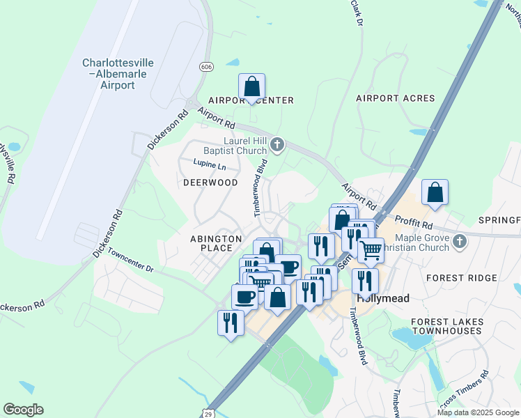 map of restaurants, bars, coffee shops, grocery stores, and more near 1398 Timberwood Boulevard in Charlottesville