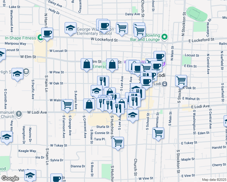 map of restaurants, bars, coffee shops, grocery stores, and more near 25 South Hutchins Street in Lodi