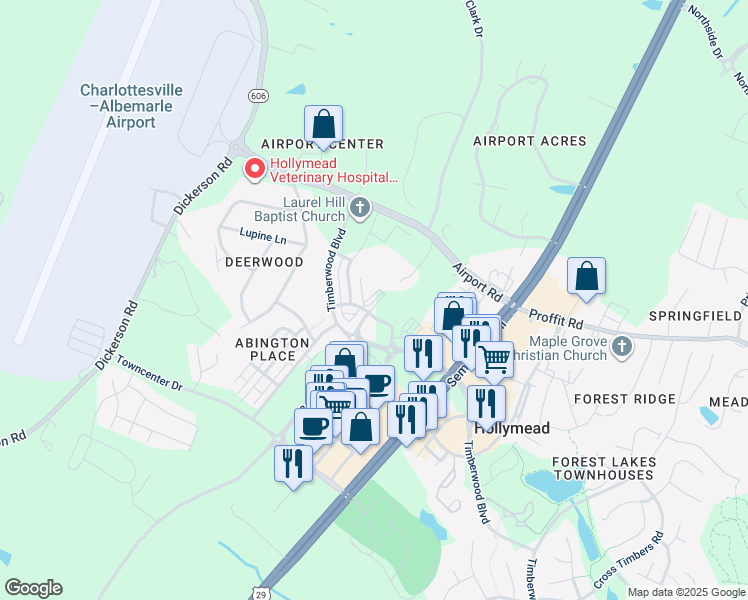 map of restaurants, bars, coffee shops, grocery stores, and more near 4365 Berkmar Drive in Charlottesville
