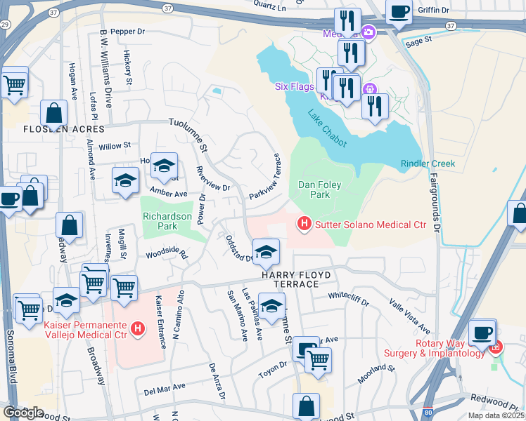 map of restaurants, bars, coffee shops, grocery stores, and more near 1455 North Camino Alto in Vallejo