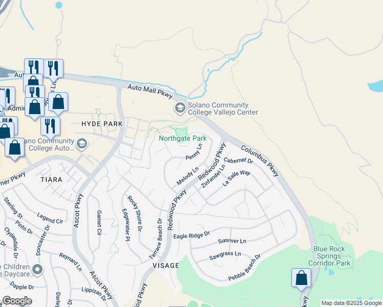 map of restaurants, bars, coffee shops, grocery stores, and more near 4138 Penny Lane in Vallejo