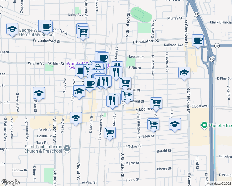 map of restaurants, bars, coffee shops, grocery stores, and more near 30 South Main Street in Lodi
