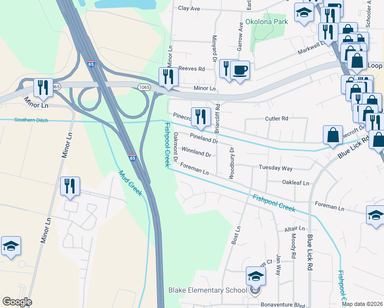 map of restaurants, bars, coffee shops, grocery stores, and more near 3412 Winnland Drive in Louisville