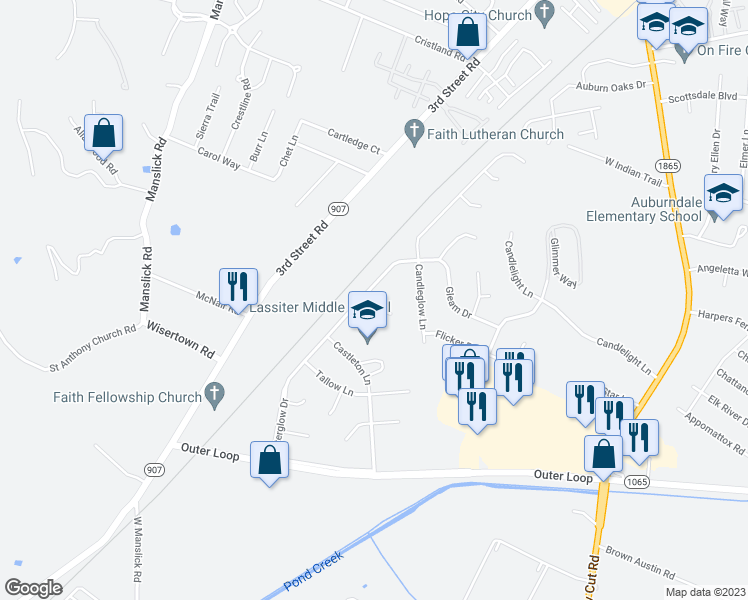 map of restaurants, bars, coffee shops, grocery stores, and more near 1013 Andle Court in Louisville