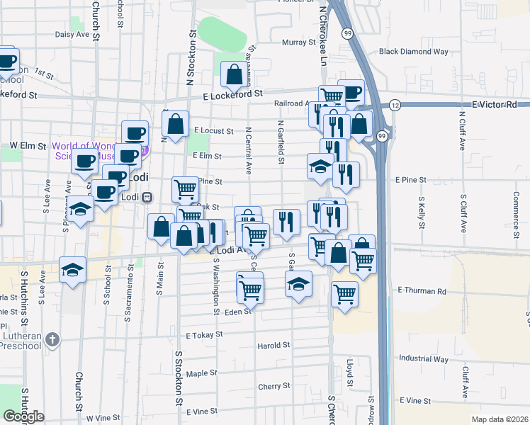 map of restaurants, bars, coffee shops, grocery stores, and more near 416 East Oak Street in Lodi