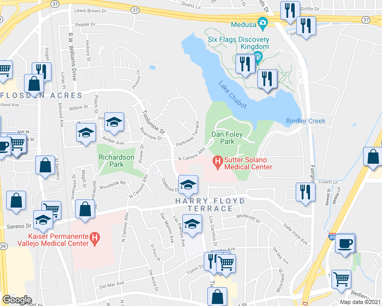 map of restaurants, bars, coffee shops, grocery stores, and more near 170 Parkview Terrace in Vallejo