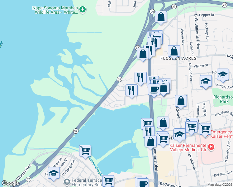map of restaurants, bars, coffee shops, grocery stores, and more near 5 Balsam Street in Vallejo