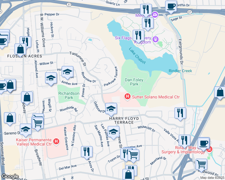 map of restaurants, bars, coffee shops, grocery stores, and more near 1455 North Camino Alto in Vallejo