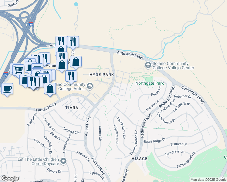map of restaurants, bars, coffee shops, grocery stores, and more near 1146 Waltz Court in Vallejo