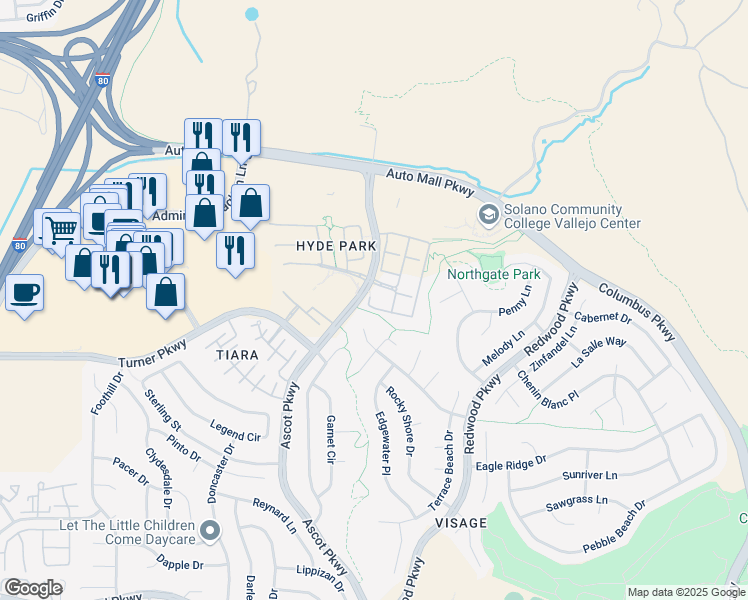 map of restaurants, bars, coffee shops, grocery stores, and more near 1146 Waltz Court in Vallejo