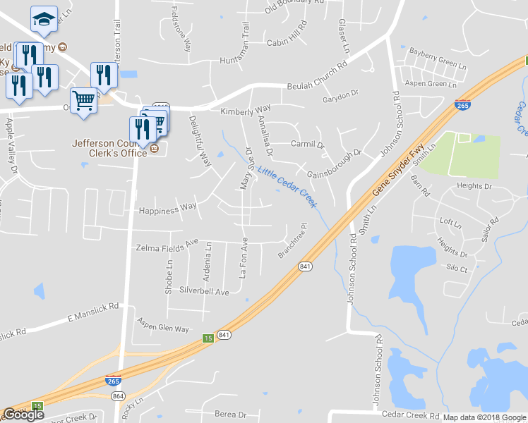 map of restaurants, bars, coffee shops, grocery stores, and more near 8308 Casualwood Way in Louisville