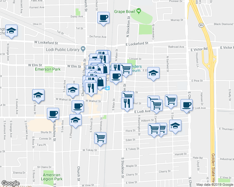map of restaurants, bars, coffee shops, grocery stores, and more near 30 South Main Street in Lodi