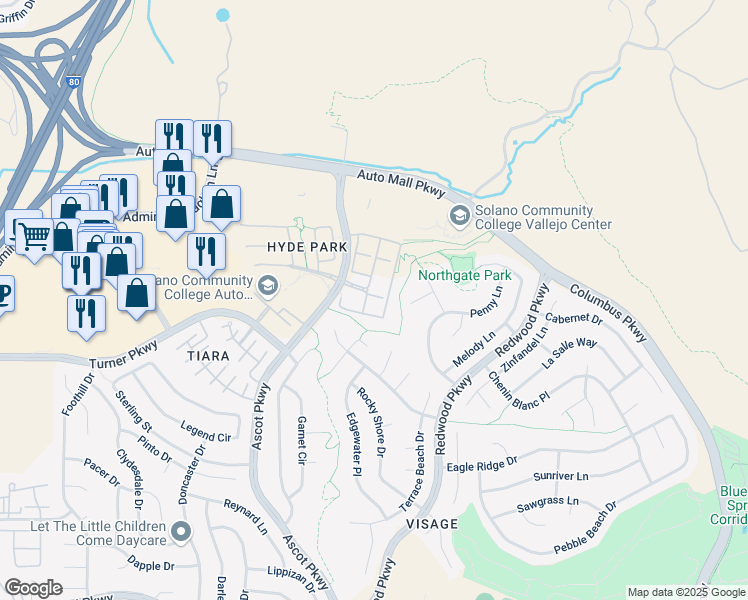 map of restaurants, bars, coffee shops, grocery stores, and more near 1246 Sonata Drive in Vallejo