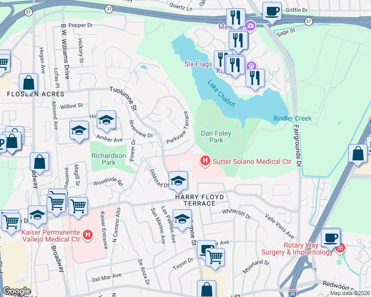 map of restaurants, bars, coffee shops, grocery stores, and more near 170 Parkview Terrace in Vallejo