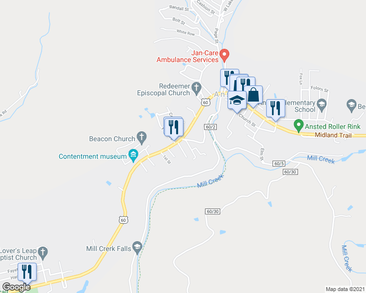 map of restaurants, bars, coffee shops, grocery stores, and more near 19556 Midland Trail in Ansted