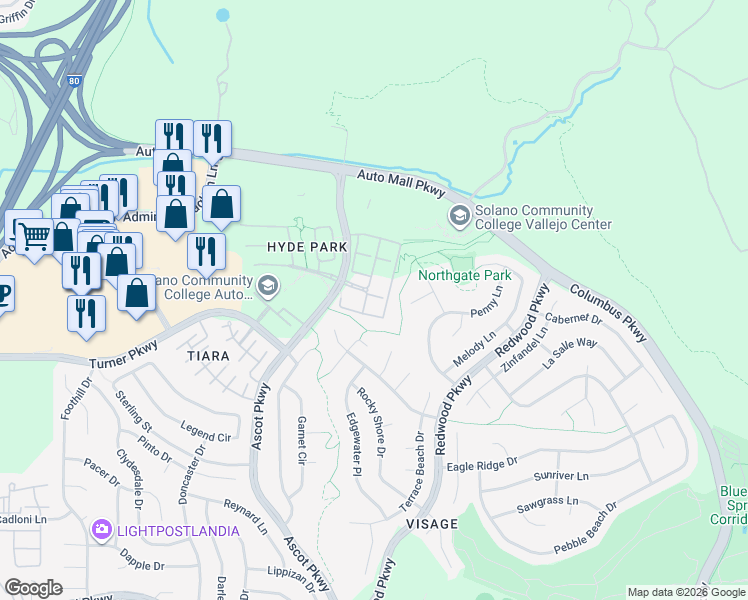 map of restaurants, bars, coffee shops, grocery stores, and more near 1246 Sonata Drive in Vallejo