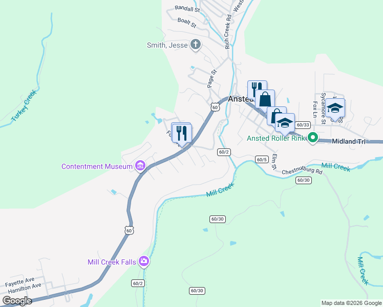 map of restaurants, bars, coffee shops, grocery stores, and more near 19556 Midland Trail in Ansted