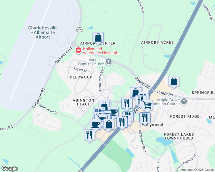 map of restaurants, bars, coffee shops, grocery stores, and more near 3543 Grand Forks Boulevard in Charlottesville