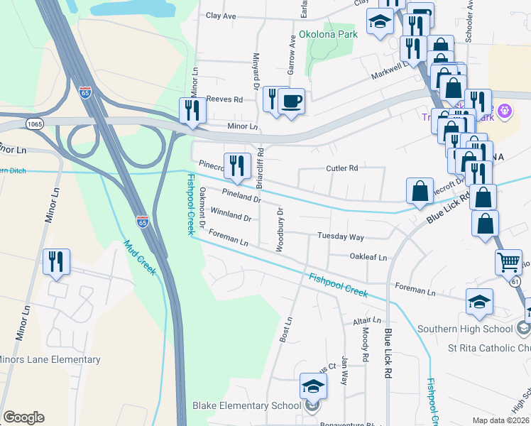 map of restaurants, bars, coffee shops, grocery stores, and more near 3604 Pineland Drive in Louisville