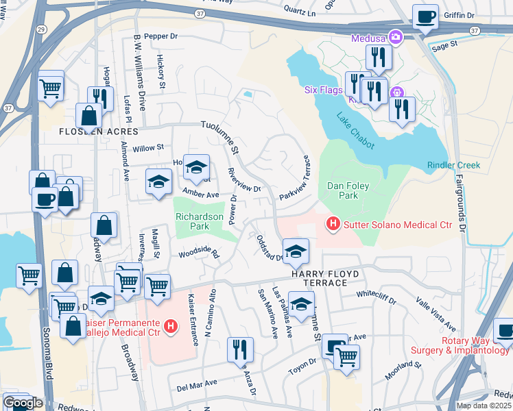 map of restaurants, bars, coffee shops, grocery stores, and more near 125 Riverview Drive in Vallejo