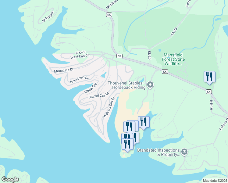 map of restaurants, bars, coffee shops, grocery stores, and more near Bent Shadow Lane in Osage Beach