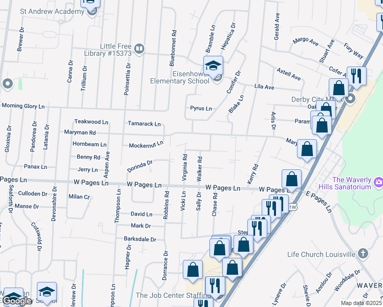 map of restaurants, bars, coffee shops, grocery stores, and more near 5355 Rodgers Road in Louisville