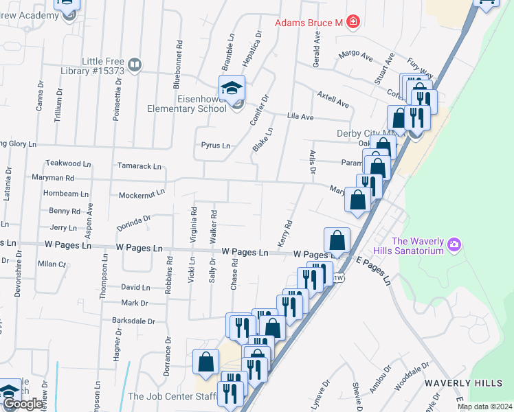 map of restaurants, bars, coffee shops, grocery stores, and more near 8184 Blake Lane in Louisville