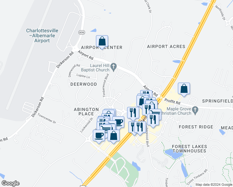 map of restaurants, bars, coffee shops, grocery stores, and more near 521 Caddy Alley in Charlottesville