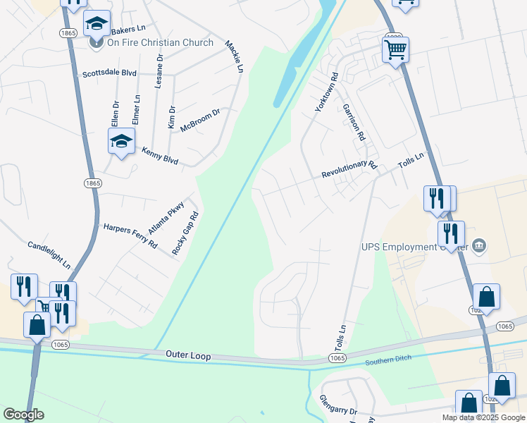 map of restaurants, bars, coffee shops, grocery stores, and more near 9402 Minute Men Court in Louisville