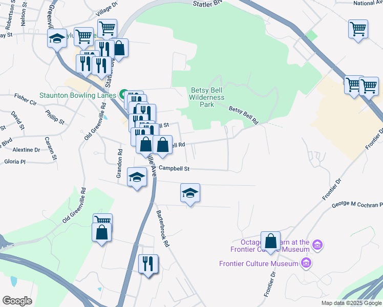 map of restaurants, bars, coffee shops, grocery stores, and more near 416 Betsy Bell Road in Staunton