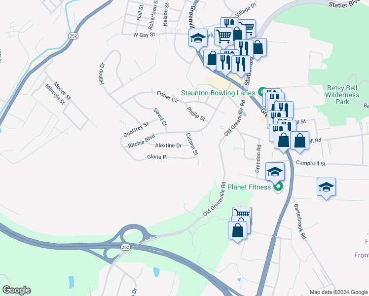map of restaurants, bars, coffee shops, grocery stores, and more near 699 Alextine Drive in Staunton