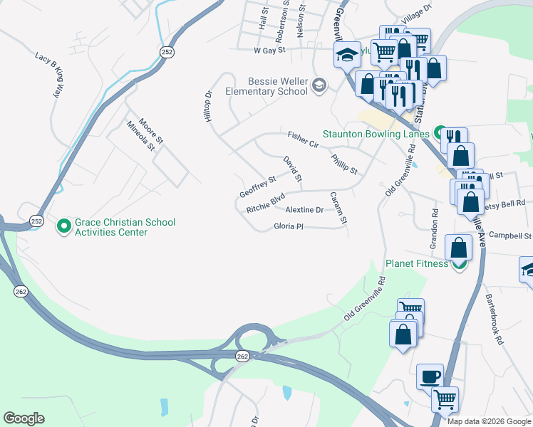 map of restaurants, bars, coffee shops, grocery stores, and more near 679 Alextine Drive in Staunton