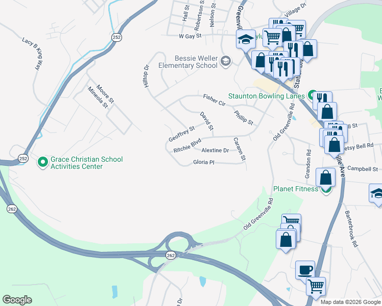 map of restaurants, bars, coffee shops, grocery stores, and more near 679 Alextine Drive in Staunton
