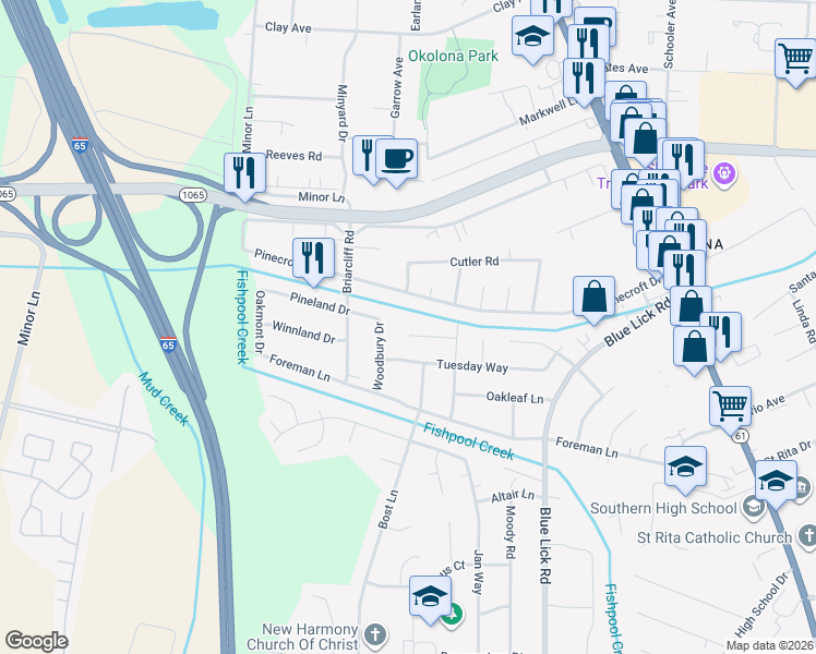 map of restaurants, bars, coffee shops, grocery stores, and more near 3705 Wednesday Way in Louisville
