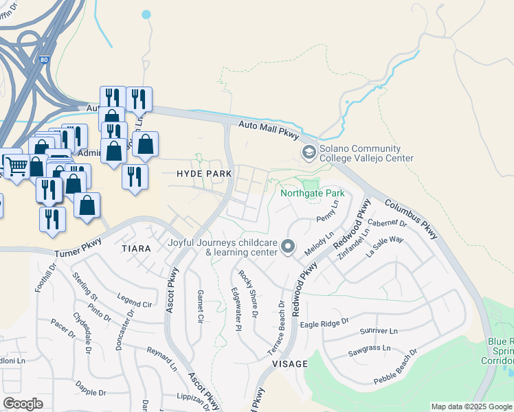 map of restaurants, bars, coffee shops, grocery stores, and more near 1246 Sonata Drive in Vallejo