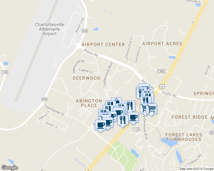 map of restaurants, bars, coffee shops, grocery stores, and more near 1386 Timberwood Boulevard in Charlottesville