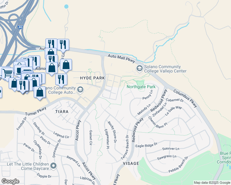 map of restaurants, bars, coffee shops, grocery stores, and more near 1233 Symphony Way in Vallejo